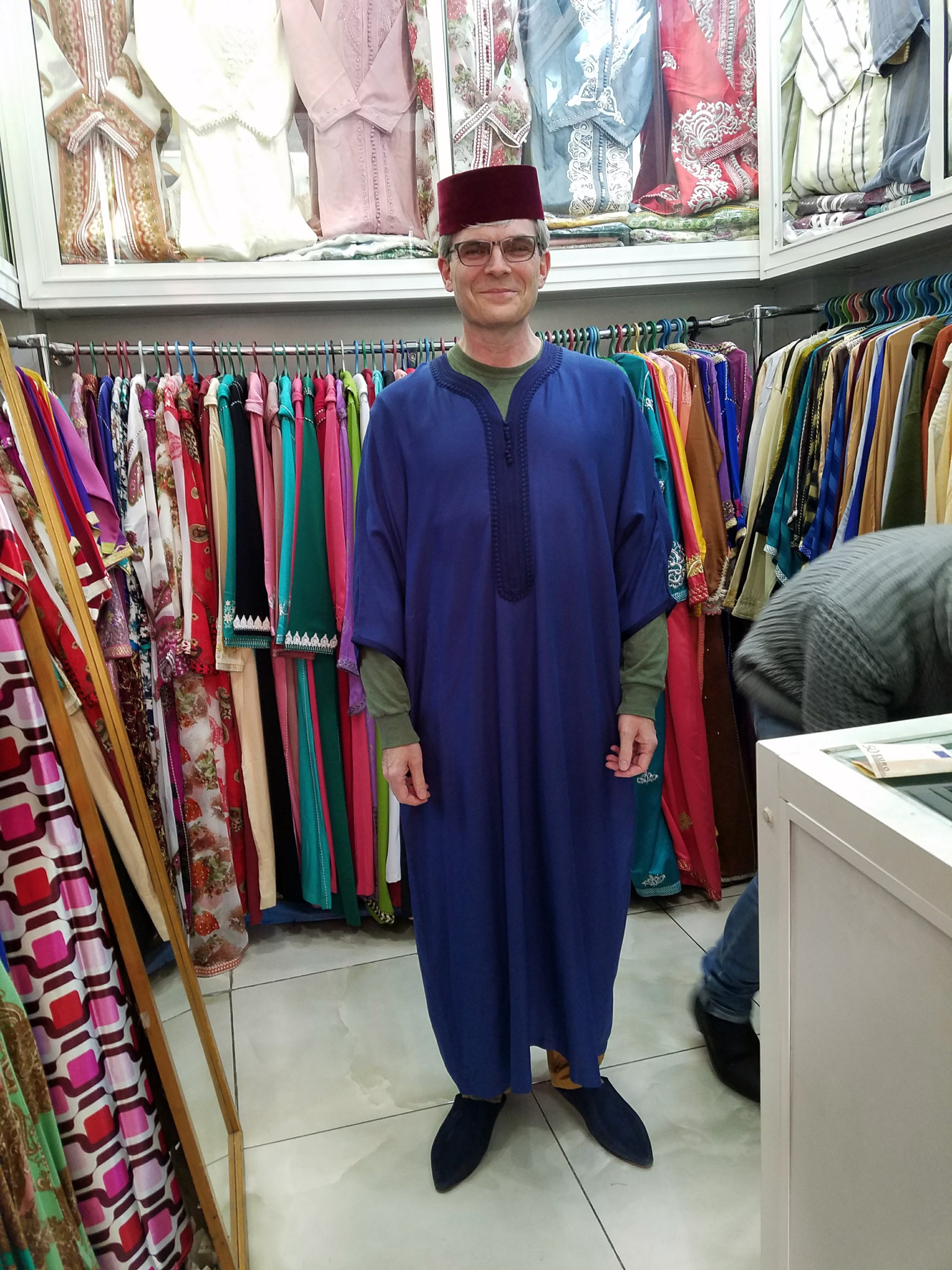 Me in fez, kaftan, and shoes